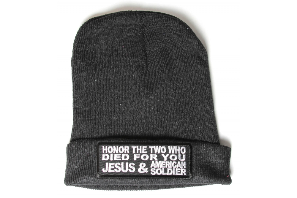 Honor The Two Who Died For You Patch Ironed On Black Beanie Hat