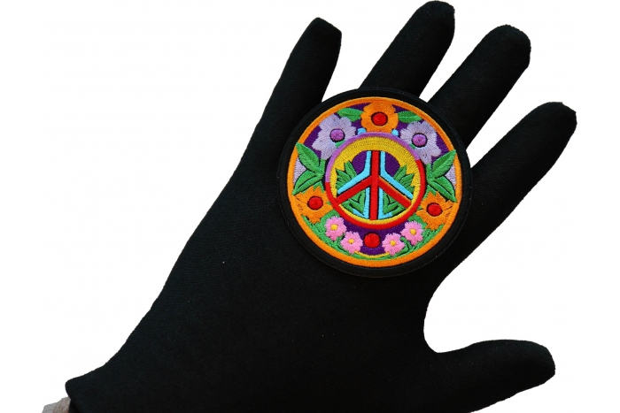Flowers and Peace Patch, Hippie Patches shown on hand for size comparison