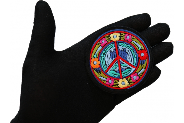 Hippie Daisies Peace Patch, Hippie Patches shown on hand for size comparison