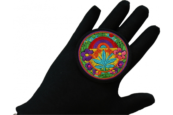 Hippie Flowers Pot Leaf Patch, Hippie Patches shown on hand for size comparison