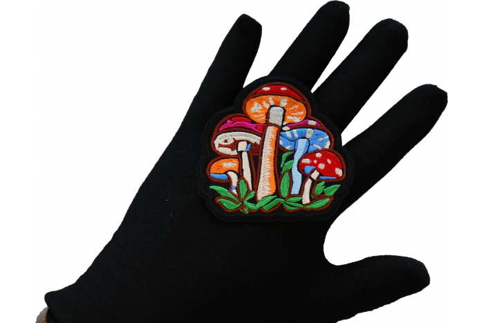 Magic Mushrooms Patch, Hippie Patches shown on hand for size comparison