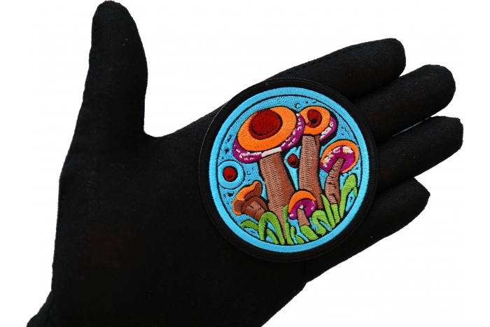 Psychedelic Shrooms Patch, Hippie Patches shown on hand for size comparison