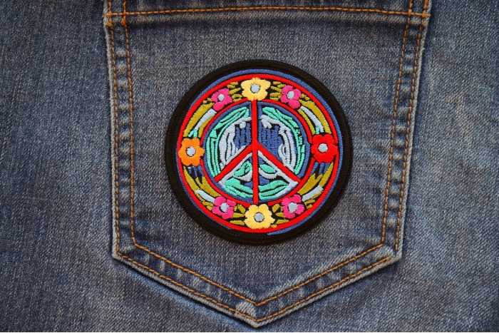 Hippie Daisies Peace Patch shown on jeans