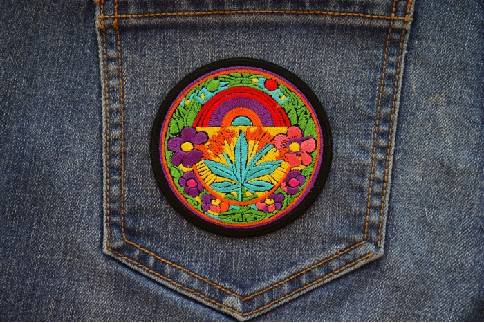 Hippie Flowers Pot Leaf Patch shown on jeans