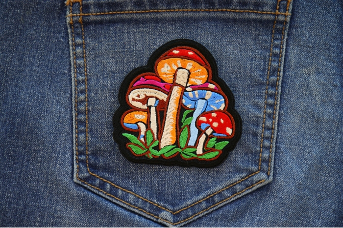 Magic Mushrooms Patch shown on jeans