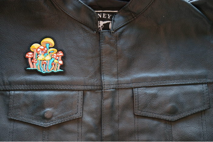 Magical Mushrooms Patch, Hippie Patches shown on leather vest