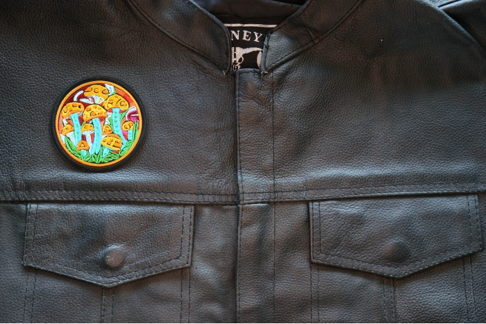Psychedelic Mushrooms Patch, Hippie Patches shown on leather vest