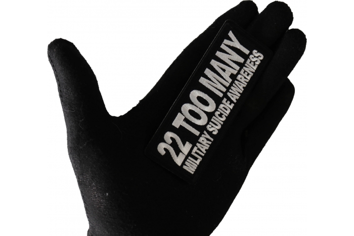 22 Too Many Military Suicide Awareness Patch, Patriotic Saying Patches shown on hand for size comparison