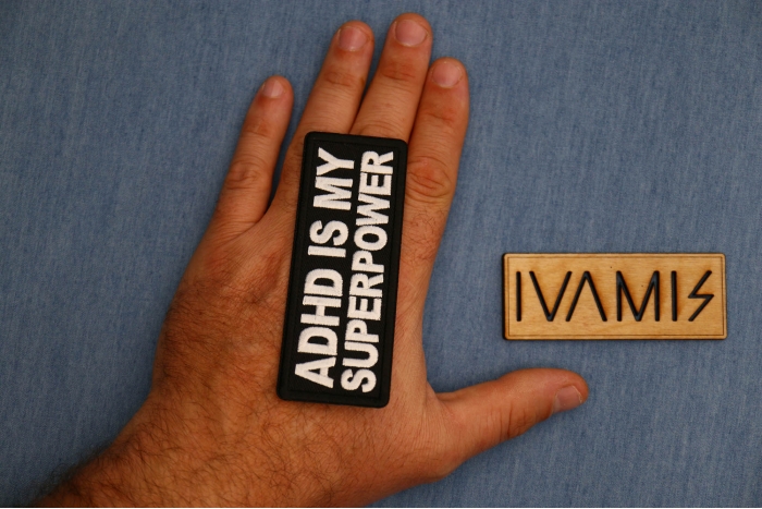 ADHD is my Superpower Patch, Funny Saying Patches, Sew or Iron on shown on hand for size comparison