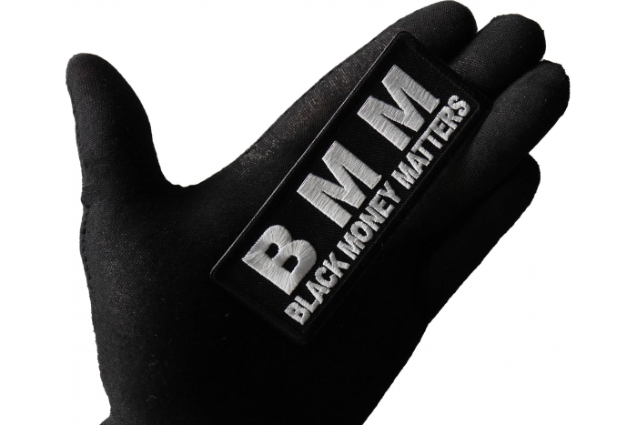 BMM Black Money Matters Patch, Funny Saying Patches, Sew or Iron on Patch shown on hand for size comparison