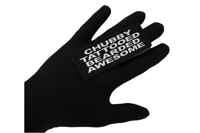 Chubby Tattooed Bearded Awesome Patch, Biker Sayings shown on hand for size comparison