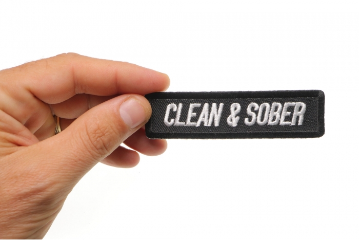 Clean and Sober Patch, Christian Saying Patches shown on hand for size comparison