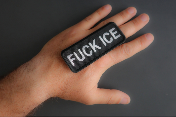 Fuck Ice Patch shown on hand for size comparison