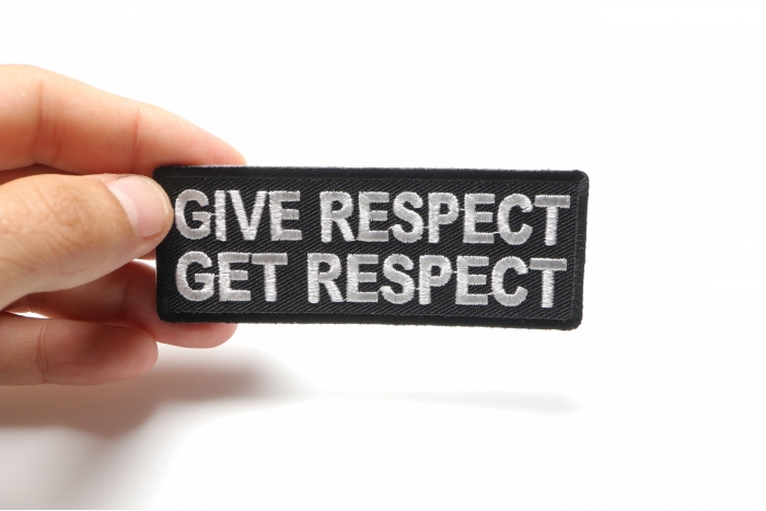 Give Respect Get Respect Patch, Biker Sayings shown on hand for size comparison