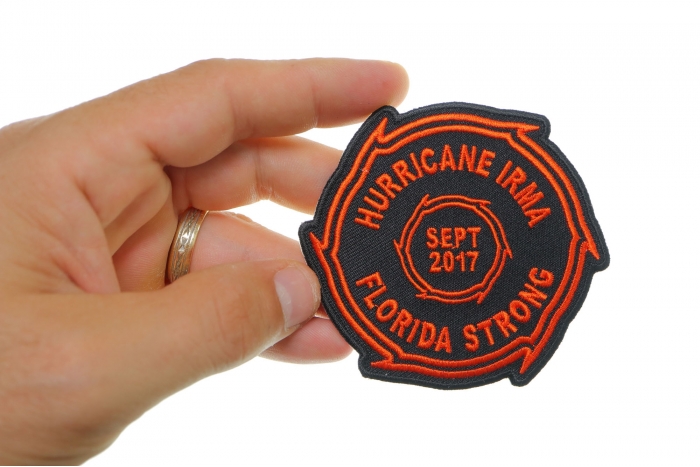 Hurricane Irma Florida Strong Patch shown on hand for size comparison