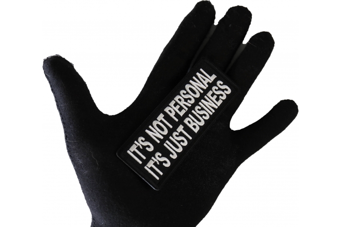 It's Not Personal It's Just Business Patch shown on hand for size comparison