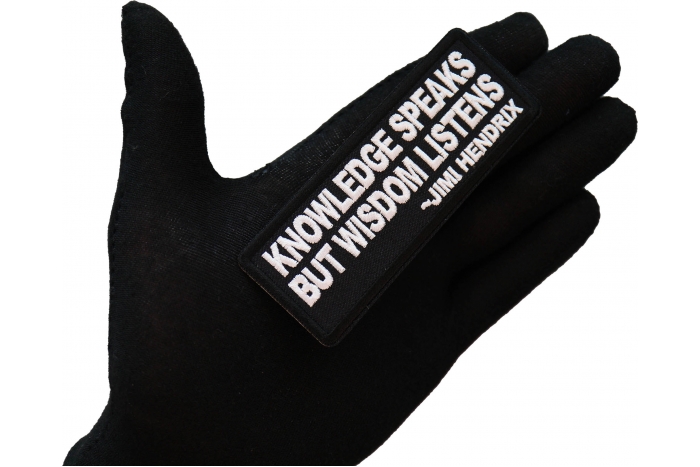 Knowledge Speaks But Wisdom Listens Patch shown on hand for size comparison