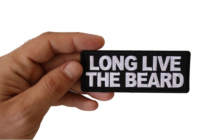 Long Live the Beard Iron on Morale Patch shown on hand for size comparison