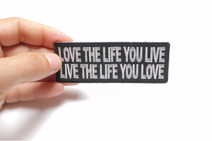 Love The Life You Live Live The Life You Love Iron on Morale Patch shown on hand for size comparison