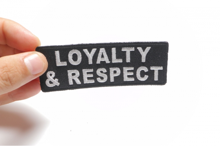 Loyalty and Respect Patch, Biker Sayings shown on hand for size comparison