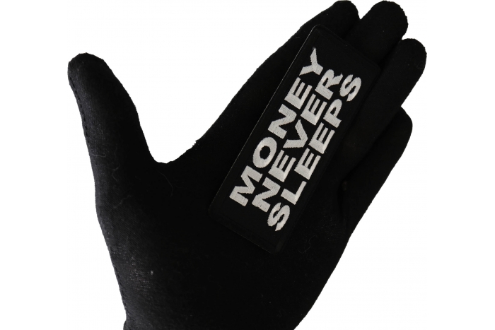 Money Never Sleeps Patch shown on hand for size comparison