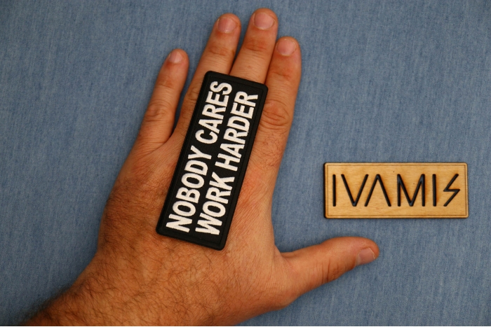 Nobody Cares Work Harder Patch, Funny Saying Patches, Sew or Iron on shown on hand for size comparison