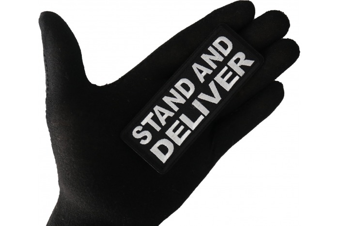 Stand and Deliver Patch shown on hand for size comparison