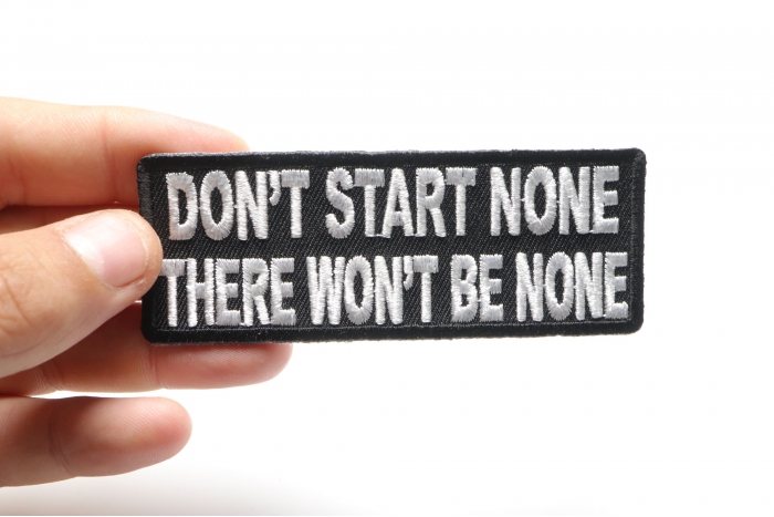 Start None There Won't Be None Iron on Morale Patch shown on hand for size comparison