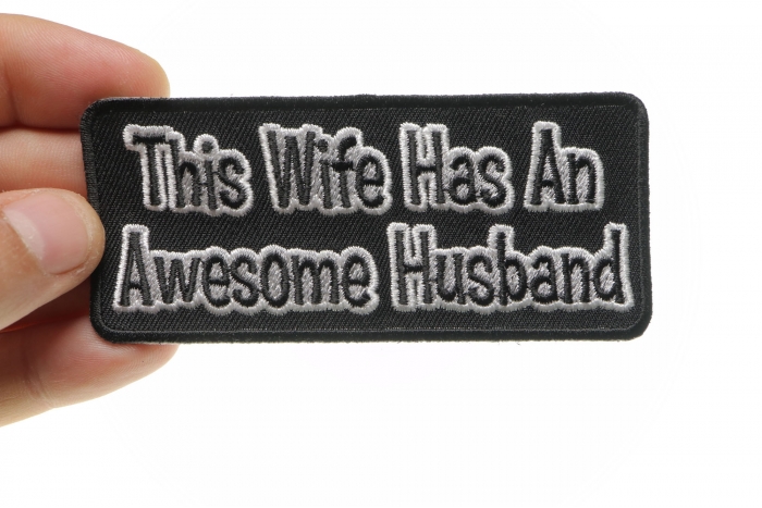 This Wife Has An Awesome Husband Patch, Funny Patches for Ladies shown on hand for size comparison