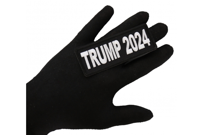Trump 2024 Patch, Patriotic Saying Patches shown on hand for size comparison