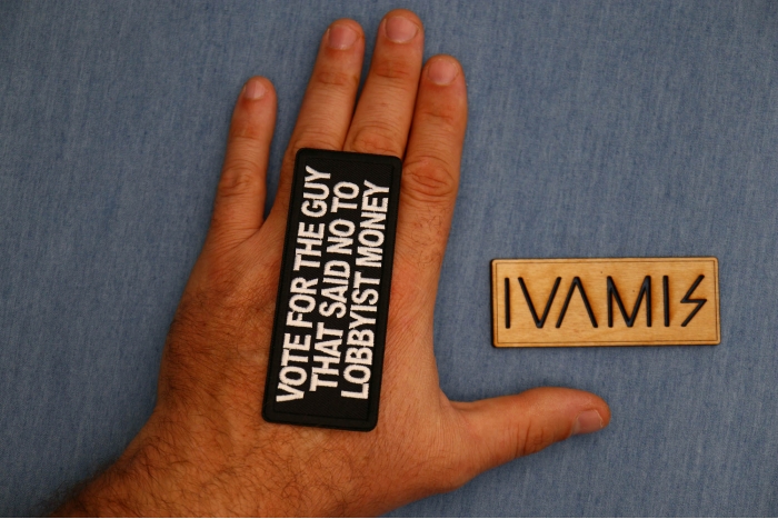 Vote for the Guy that Said No to Lobbyist Money Patch shown on hand for size comparison