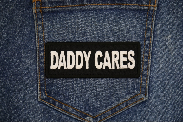 Daddy Cares Patch shown on jeans