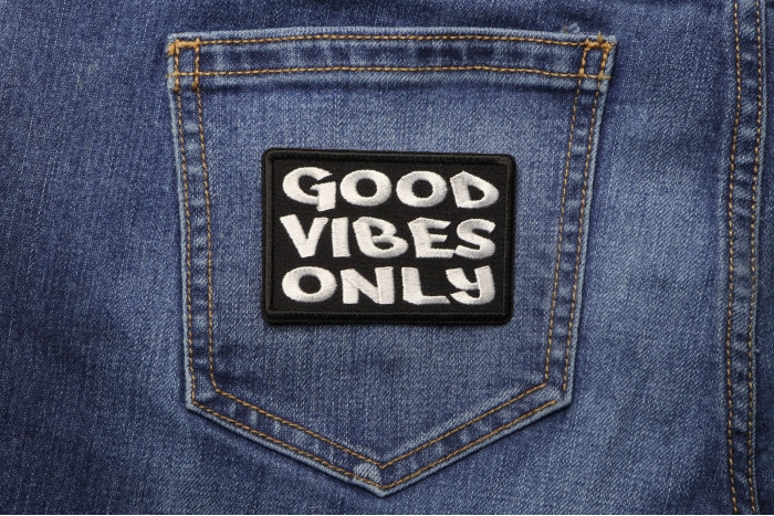Good Vibes Only Iron on Morale Patch shown on jeans