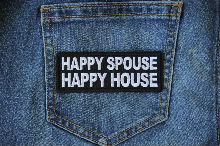 Happy Spouse Happy House Patch shown on jeans