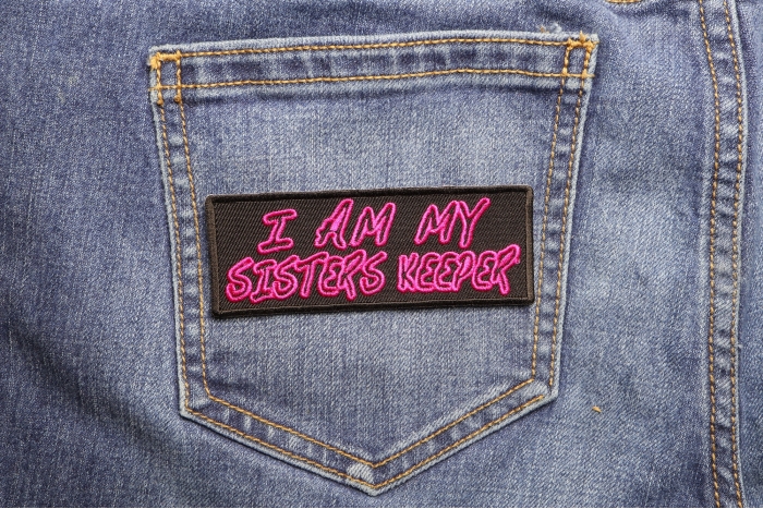 I Am My Sisters Keeper Iron on Morale Patch shown on jeans
