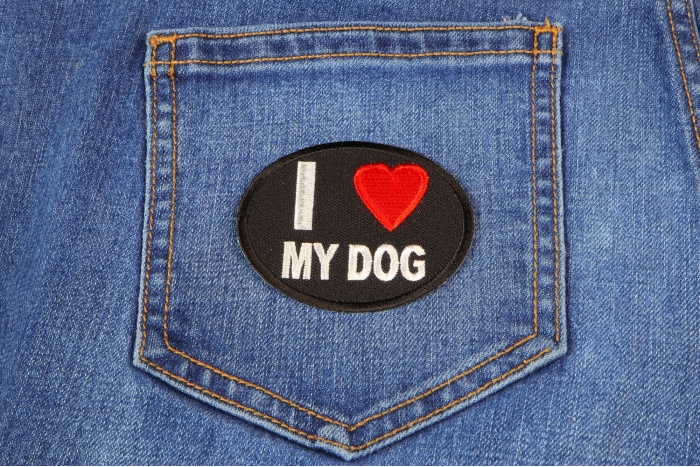 I Love My Dog Iron on Morale Patch shown on jeans