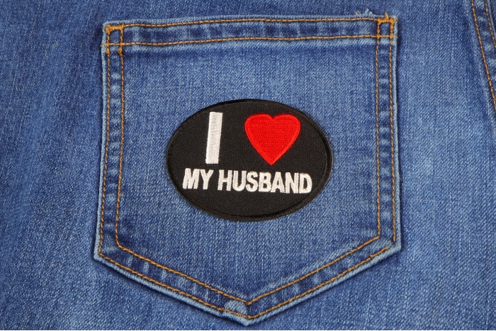 I Love My Husband Iron on Morale Patch shown on jeans