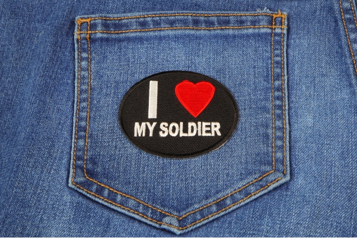 I Love My Soldier Iron on Morale Patch shown on jeans