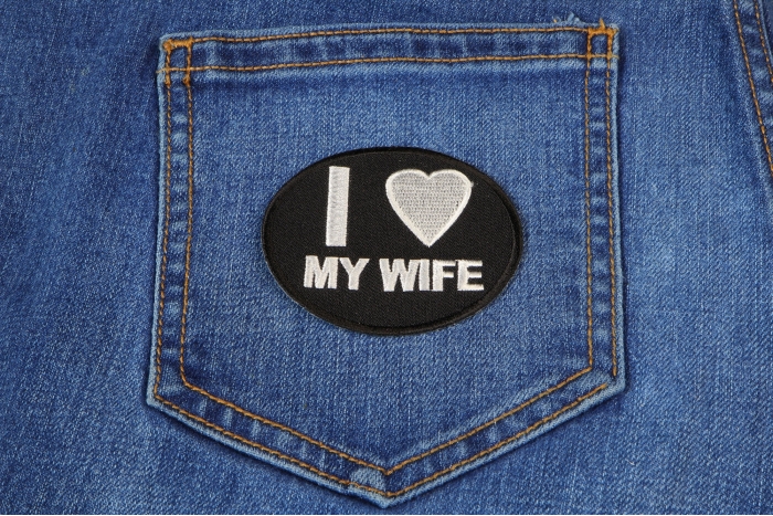 I Love My Wife Iron on Morale Patch shown on jeans