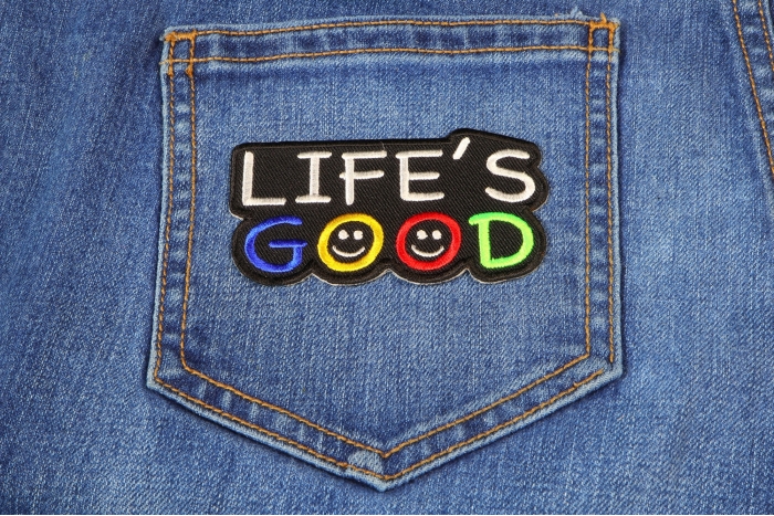 Life's Good Iron on Morale Patch shown on jeans