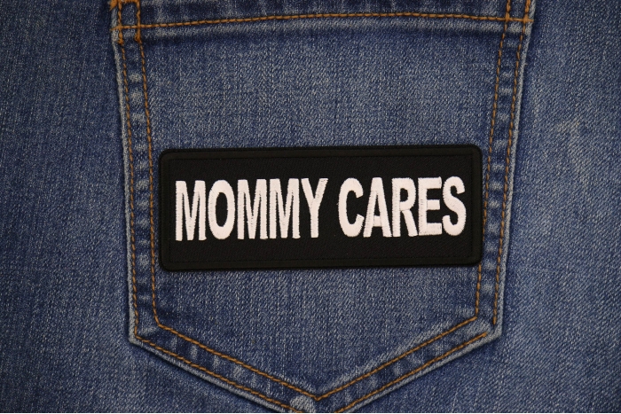 Mommy Cares Patch shown on jeans