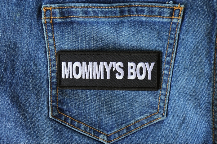 Mommy's Boy Patch shown on jeans