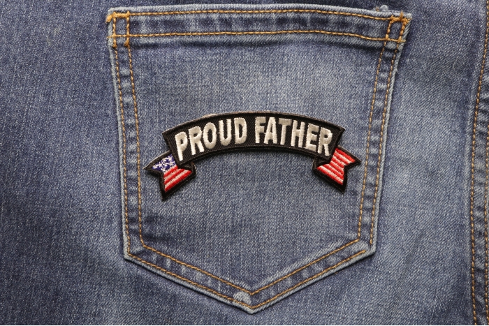 Proud Father US Flag Rocker Iron on Morale Patch shown on jeans