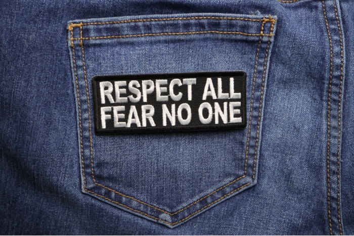 Respect All Fear No One Iron on Morale Patch shown on jeans