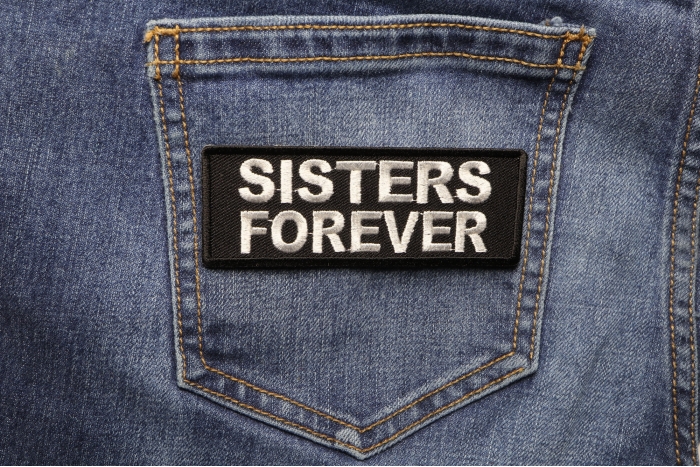 Sisters Forever Iron on Morale Patch shown on jeans