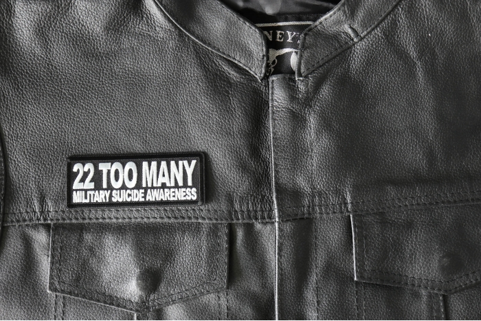 22 Too Many Military Suicide Awareness Patch, Patriotic Saying Patches shown on leather vest