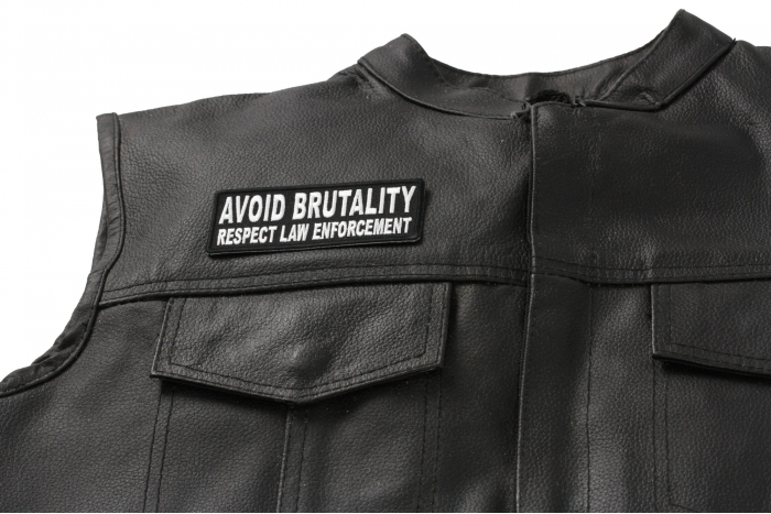 Avoid Brutality Respect Law Enforcement Patch - Iron on Patch - 4x1.5 inch shown on leather vest