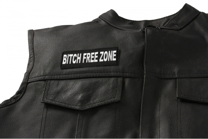 Bitch Free Zone Patch - Iron on Patch - 4x1.5 inch shown on leather vest