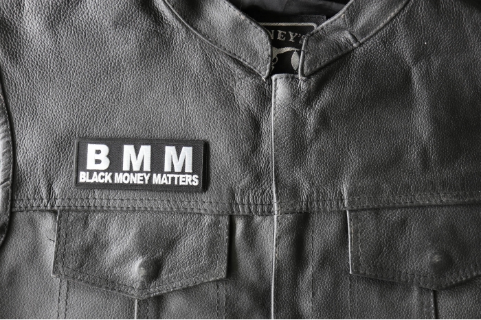 BMM Black Money Matters Patch, Funny Saying Patches, Sew or Iron on Patch shown on leather vest