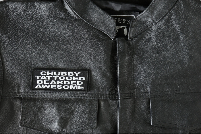 Chubby Tattooed Bearded Awesome Patch, Biker Sayings shown on leather vest
